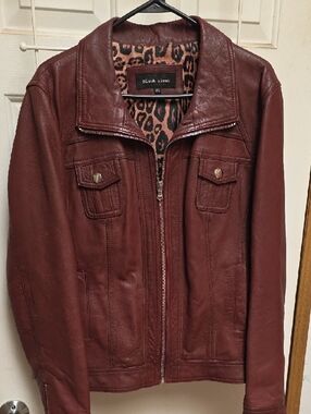Black Rivet Burgundy Leather Jacket with Leopard Lining